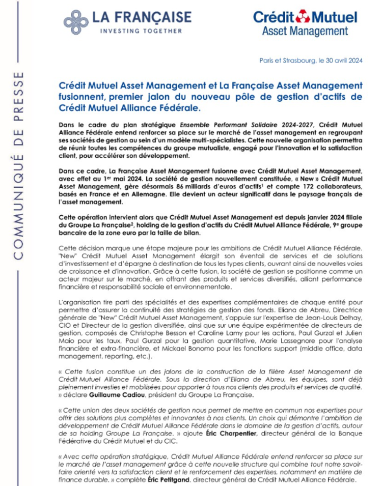 cover du contenu Crédit Mutuel Asset Management et La Française Asset Management fusionnent, premier jalon du nouveau pôle de gestion d’actifs de Crédit Mutuel Alliance Fédérale. 